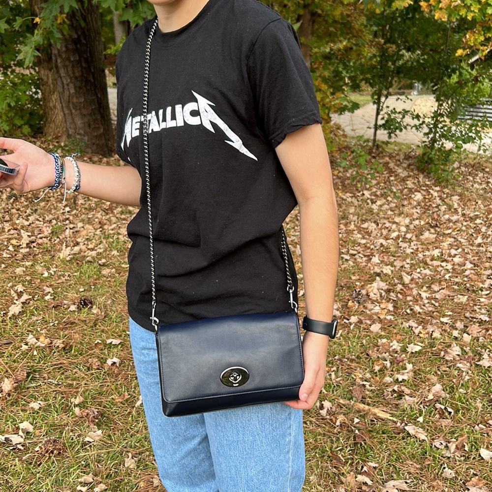 Coach navy and gunmetal convertible crossbody clutch